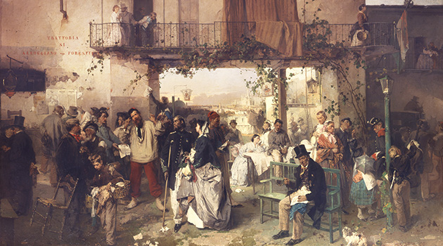 Dipinto, Il Bullettino del giorno 14 luglio 1859 che annunziava la pace di Villafranca,  Induno Domenico (pittore),  1862 , tela, pittura a olio