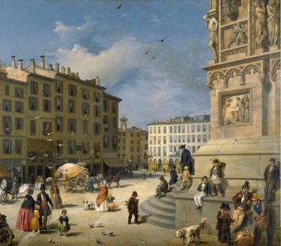 Amanzia Guerillot Inganni, Piazza del Duomo, 1850, olio su tela, Milano, Palazzo Morando | Costume Moda Immagine