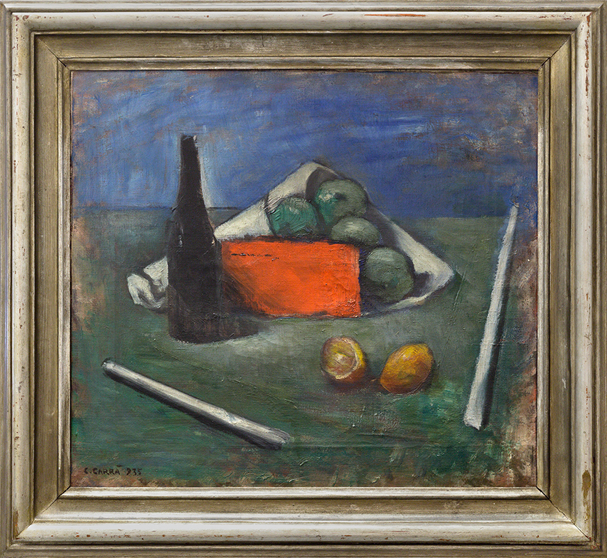 Natura morta con bottiglia e frutta, 1935 | Carlo Carrà | Olio su tela, 49,5 x 55 cm